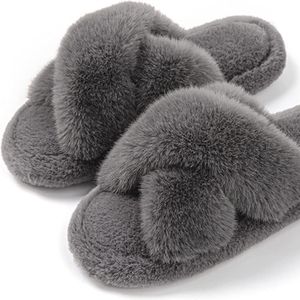 Memory Foam Cross Band Faux Fur Fuzzy Cozy Anti-Skid Slippers